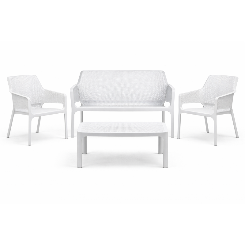 Zestaw stolik kawowy Net + sofa Net Bench i 2 fotele Net Relax bianco - Nardi