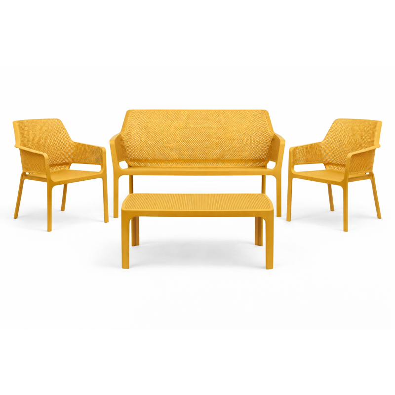 Zestaw stolik kawowy Net + sofa Net Bench i 2 fotele Net Relax senape - Nardi